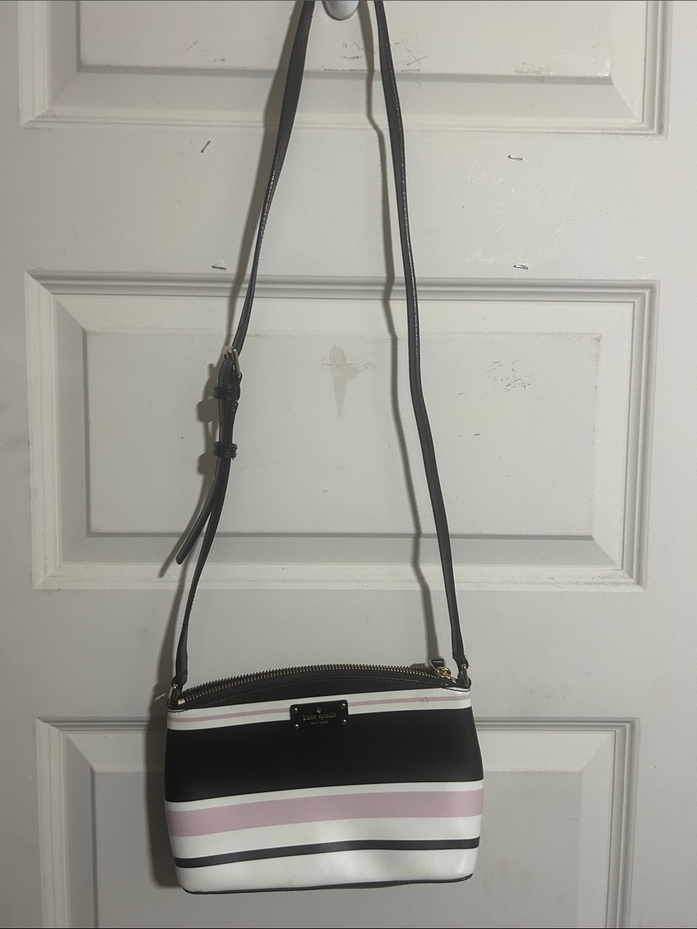 kate spade Black and Pink Striped Crossbody Bag with White Accents